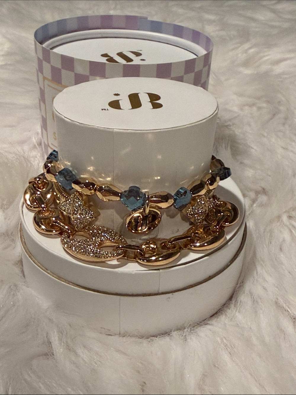 BOMB PARTY - Gold-Tone Layered Bracelet Set with Blue Crystal Accents